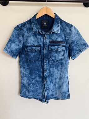 ROK Men’s Marble Wash Denim Look Short Sleeve Button Down Shirt Size Small